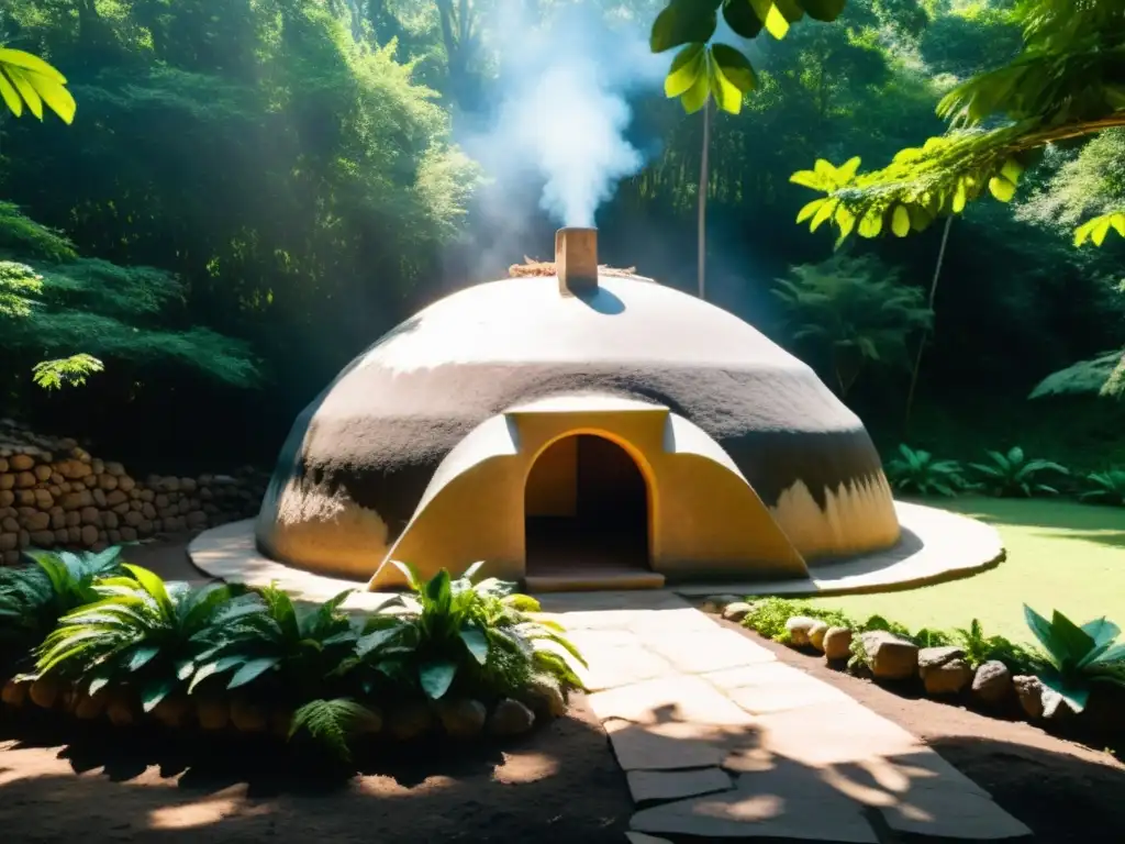 Ritual de Temazcal: antigua estructura de piedra y barro en el bosque, chamán con hierbas aromáticas, atmósfera espiritual