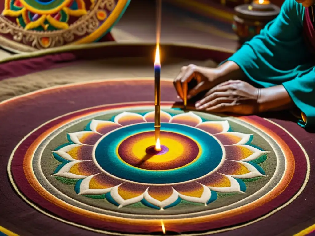 Un ritual tibetano: Monjes crean un mandala de arena con concentración serena y colores vibrantes