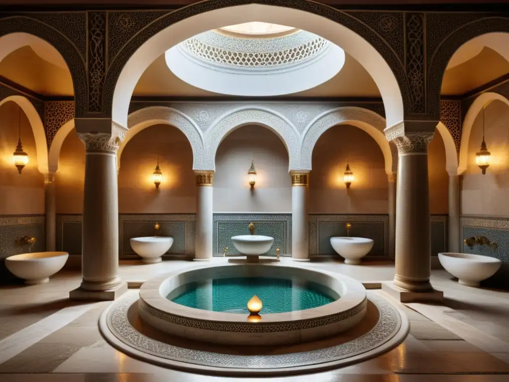 Ritual de Hamam baño turco: Imagen detallada de un hamam turco tradicional, con arquitectura ornamental y atmósfera tranquila