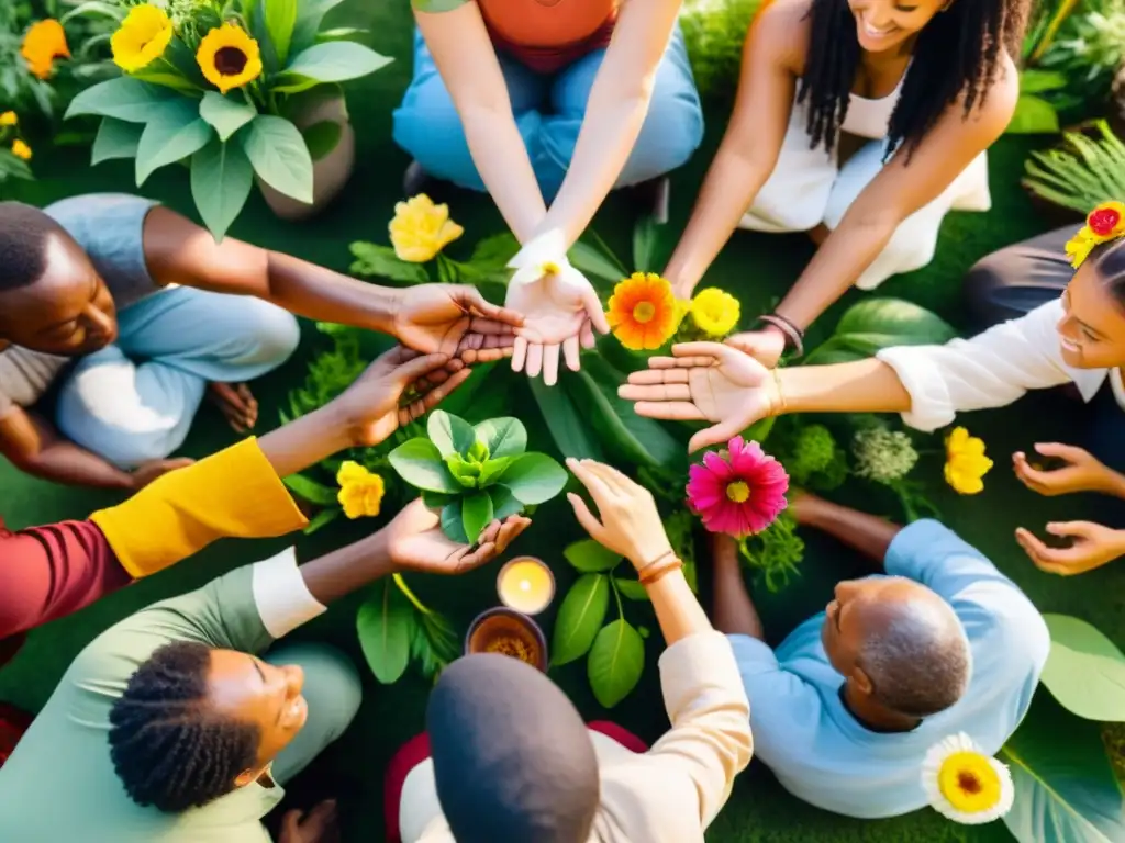 Ritual de unidad: personas de diferentes culturas disfrutan comida vegetal en armonía con la naturaleza