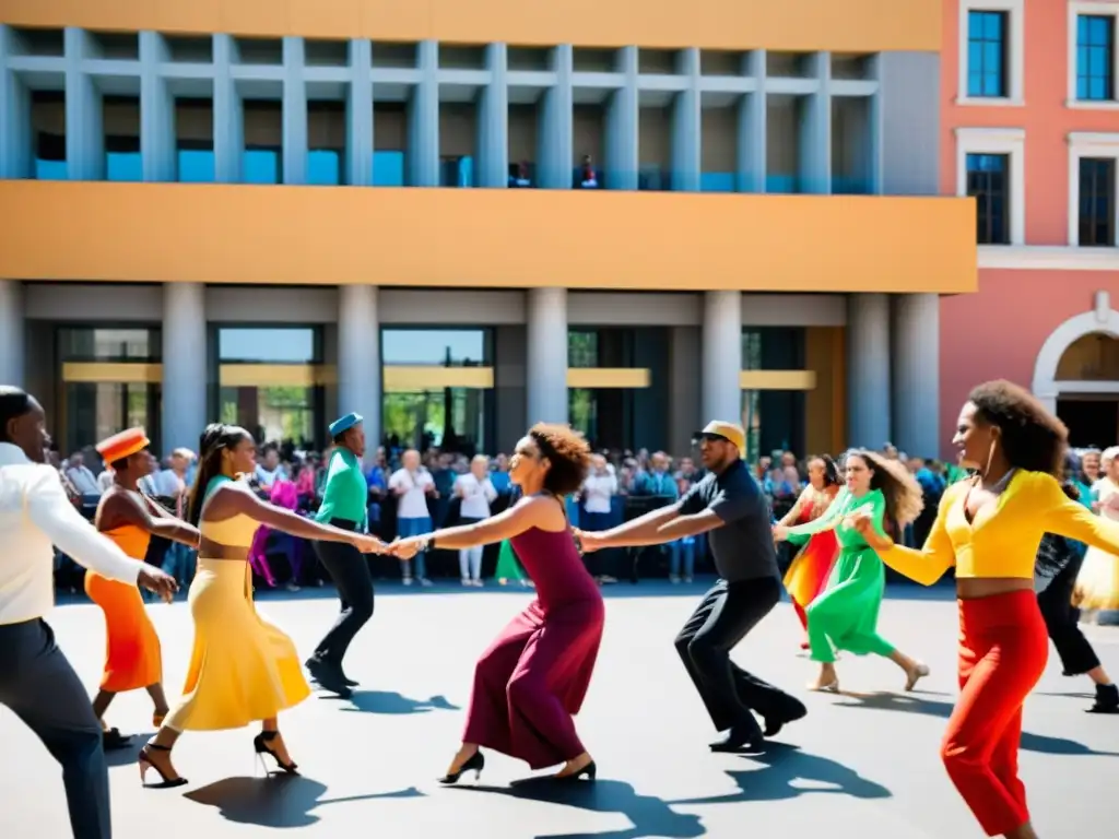Flash Mob Multicultural: Baile sincronizado en la plaza Un ritual urbano flash mob global llena la plaza con danza sincronizada, energía vibrante y expresiones de alegría