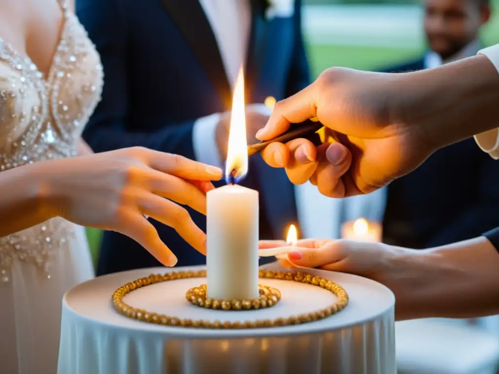 Ritual de vela en ceremonia matrimonial: manos entrelazadas encendiendo la vela, simbolizando amor y unión