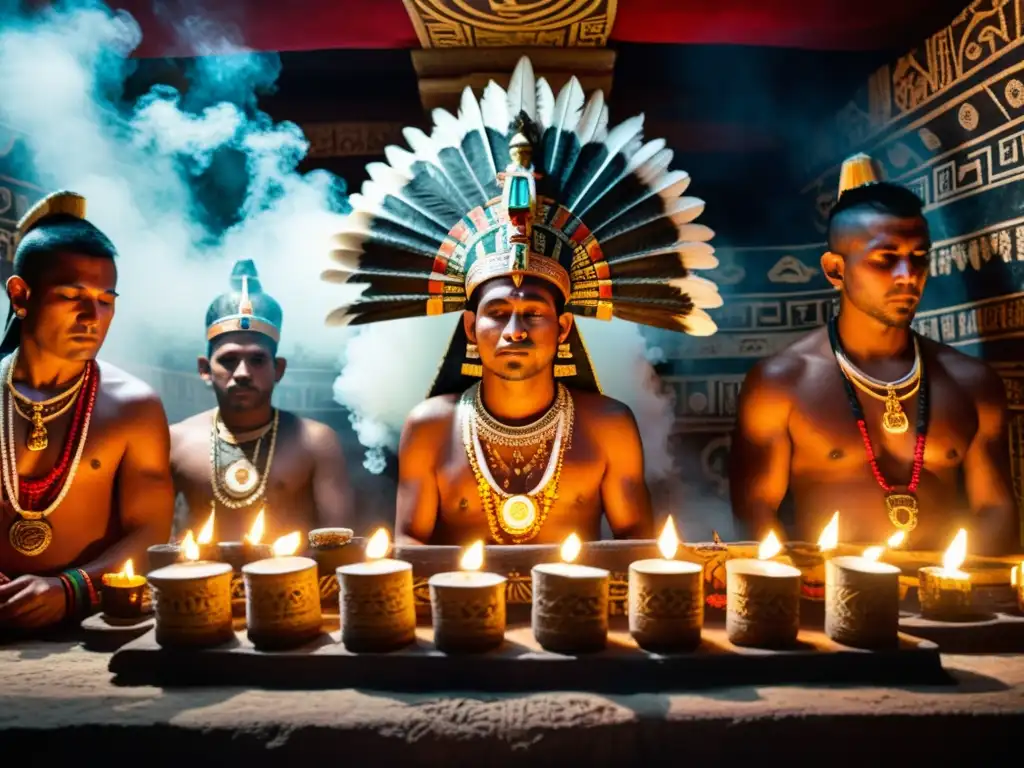 Guía de merchandising ritual con velas: Antiguos sacerdotes mayas realizan un ritual ceremonial en un templo decorado con velas y copal