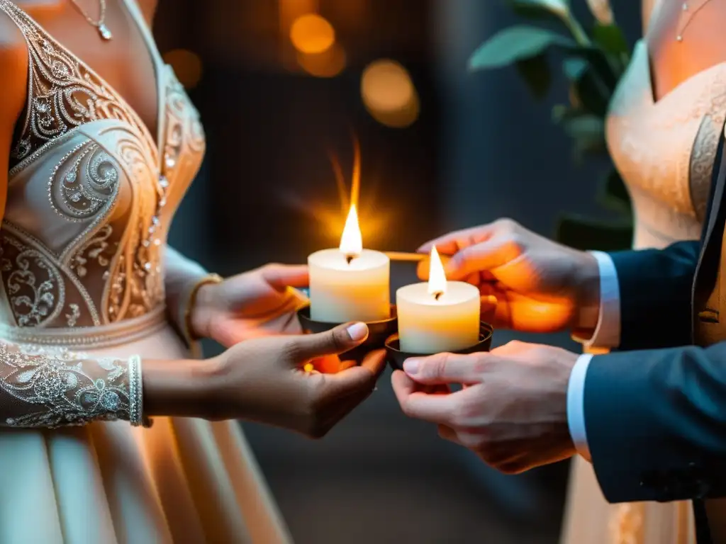 Ritual de velas entrelazadas en boda: pareja sostiene velas decoradas, iluminando su unión en una atmósfera romántica