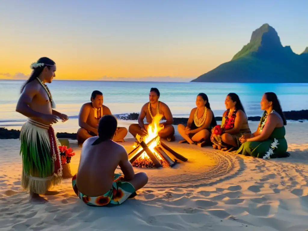 El Ritual del Po en Polinesia: Villagers disfrutan de un ritual alrededor de una fogata en la playa al atardecer, con música y vestimenta tradicional, creando una atmósfera mística