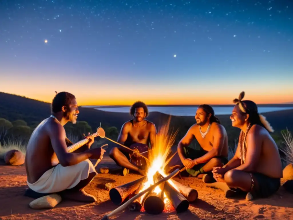 Música y rituales aborígenes: Grupo de músicos indígenas australianos tocando junto a una fogata bajo el cielo estrellado