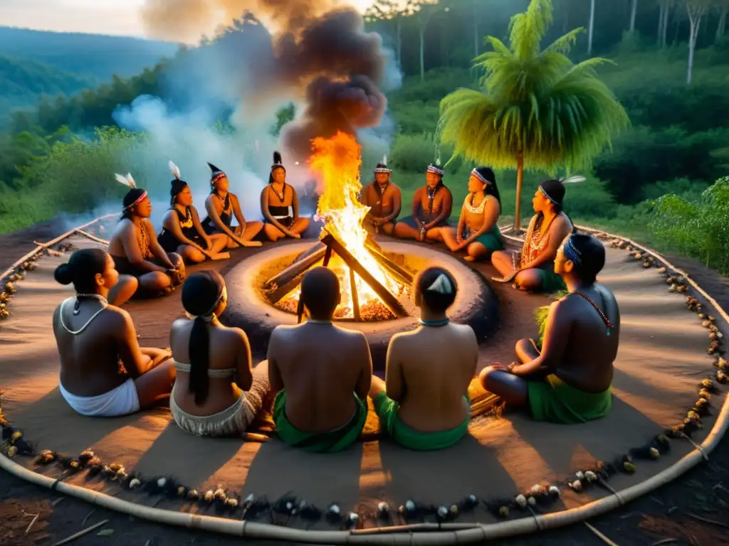 Rituales aborígenes conexión naturaleza: Indígenas reunidos alrededor de fogata en ritual sagrado en la densa selva