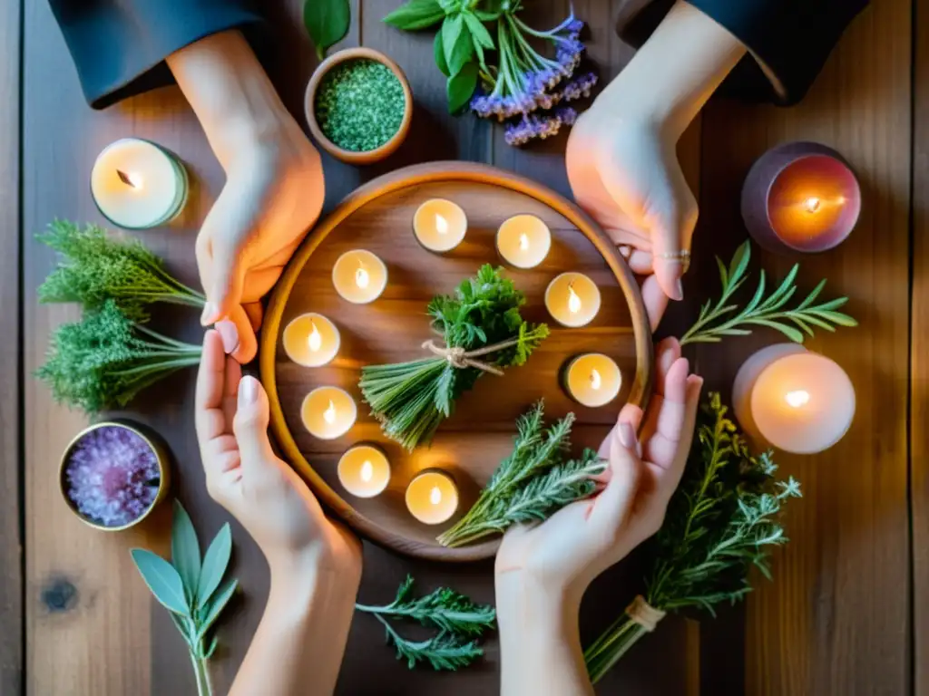 Rituales para atraer abundancia monetaria: Manos arreglan hierbas, cristales y velas en mesa de madera, con luz suave iluminando la escena