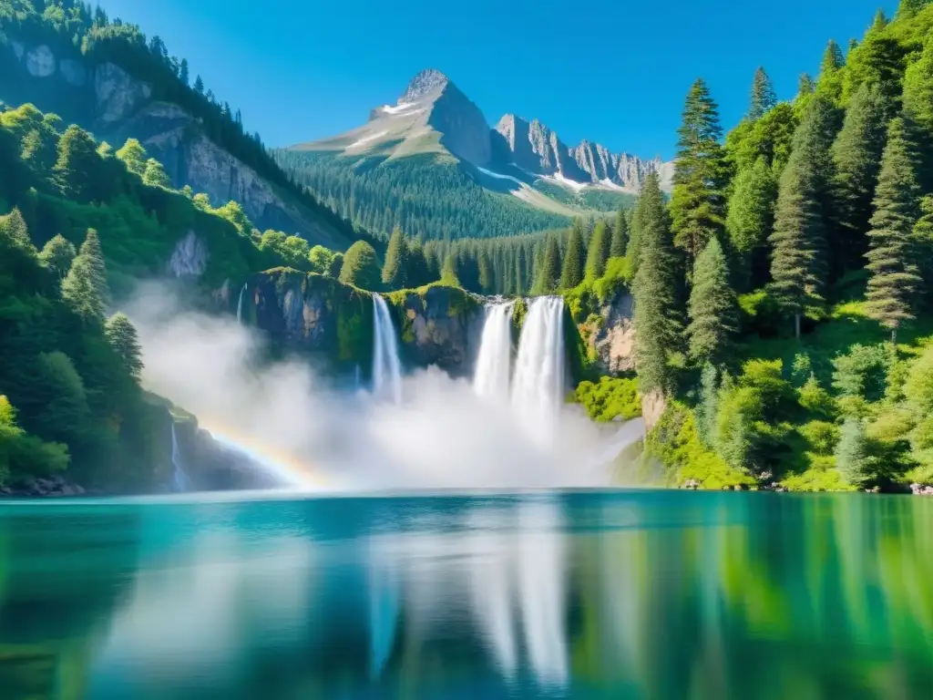 Rituales acuáticos de purificación en un lago de montaña sereno con cascada y naturaleza exuberante