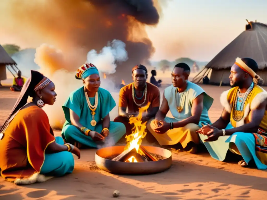 Rituales africanos: curanderos reunidos alrededor del fuego, vistiendo ropas vibrantes, realizando un ritual sagrado con tambores y cánticos