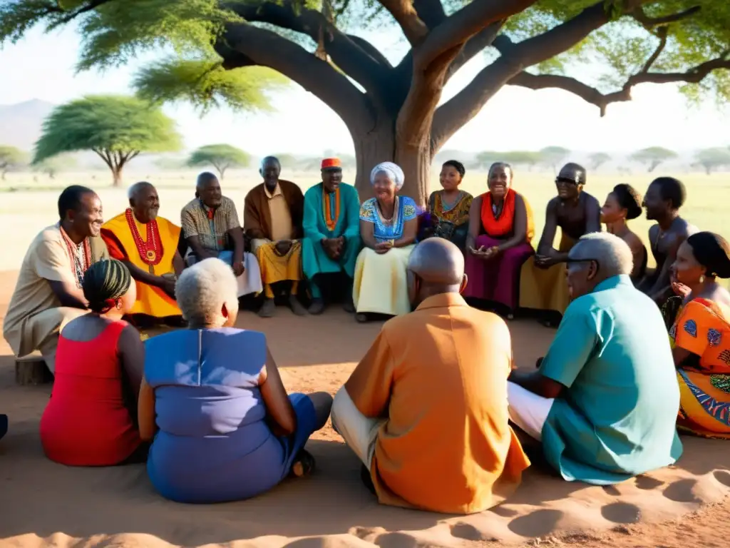 Rituales de jubilación en África: Ancianos africanos participan en emotiva ceremonia bajo un árbol, cantando y celebrando la tradición