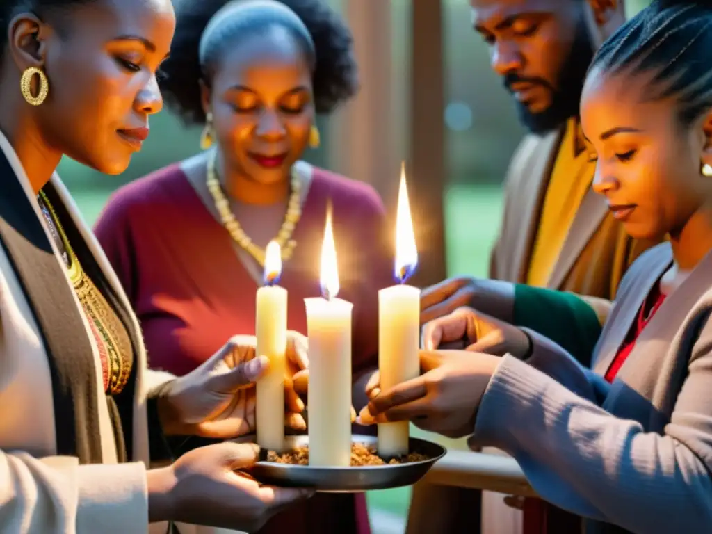 Unión y tradición: Encendiendo velas en la celebración de Kwanzaa Rituales afroamericanos Kwanzaa unidad: grupo diverso enciende velas kinara, reflejando la comunidad y la tradición