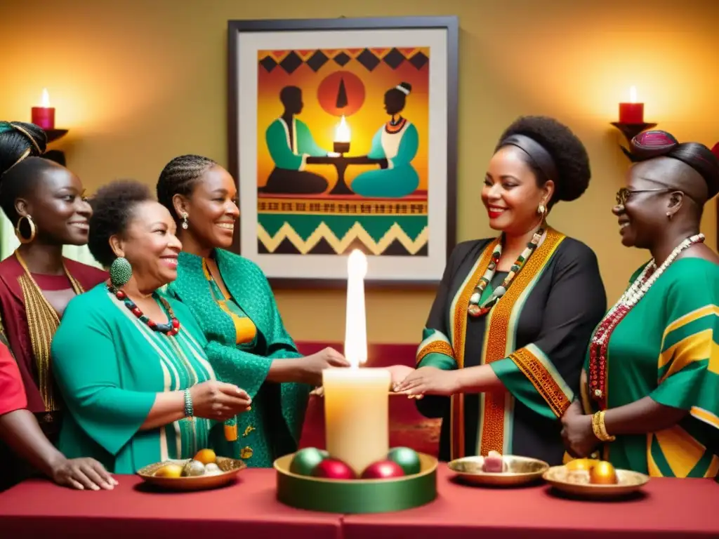Colorida celebración de Kwanzaa: unión y tradición africana Rituales afroamericanos Kwanzaa unidad: Celebración cálida con velas, telas africanas y gente unida en coloridos atuendos