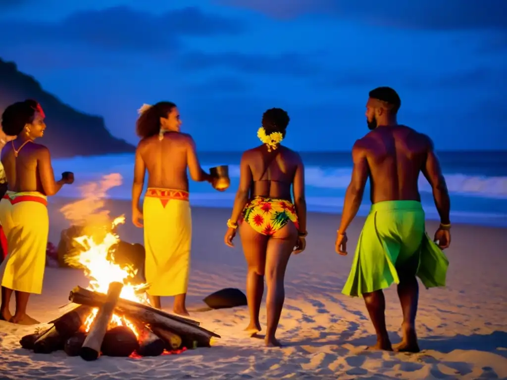 Practitioners realizan rituales afrobrasileños en la noche de San Juan, cerca de una fogata en la playa