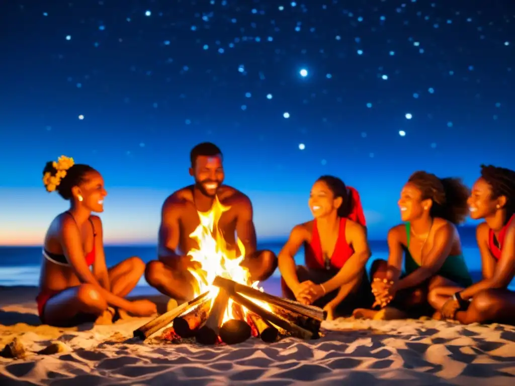 Rituales afrobrasileños en la noche de San Juan: Practicantes alrededor de la fogata en la playa, con el mar y el cielo estrellado de fondo