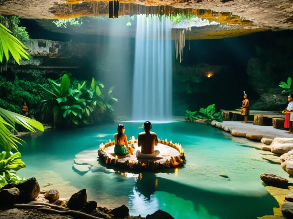 Rituales de renovación con agua sagrada en un cenote maya, ceremonia sagrada entre la exuberante vegetación y aguas cristalinas