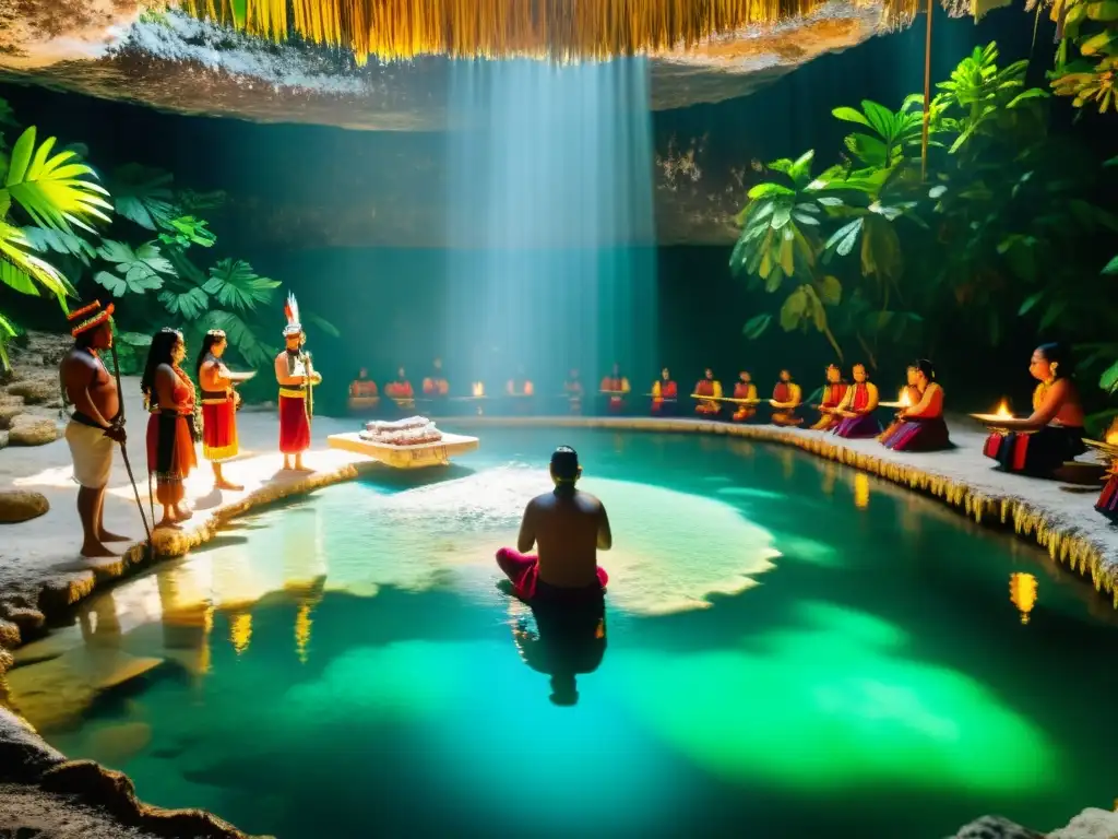 Rituales de renovación con agua sagrada en un cenote maya, ceremonia colorida y mística bajo la luz del sol entre la exuberante vegetación