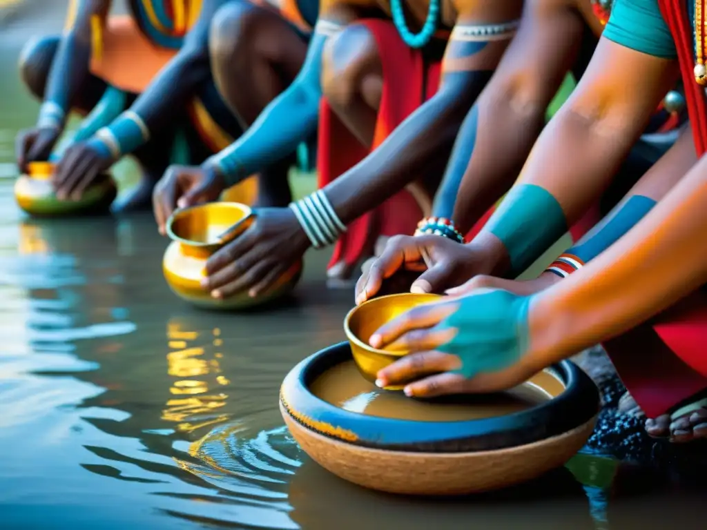 Rituales de preservación de agua sagrada: Ceremonia de tribu indígena en el río, con atuendos tradicionales y pintura corporal, manifestando conexión espiritual y cultural