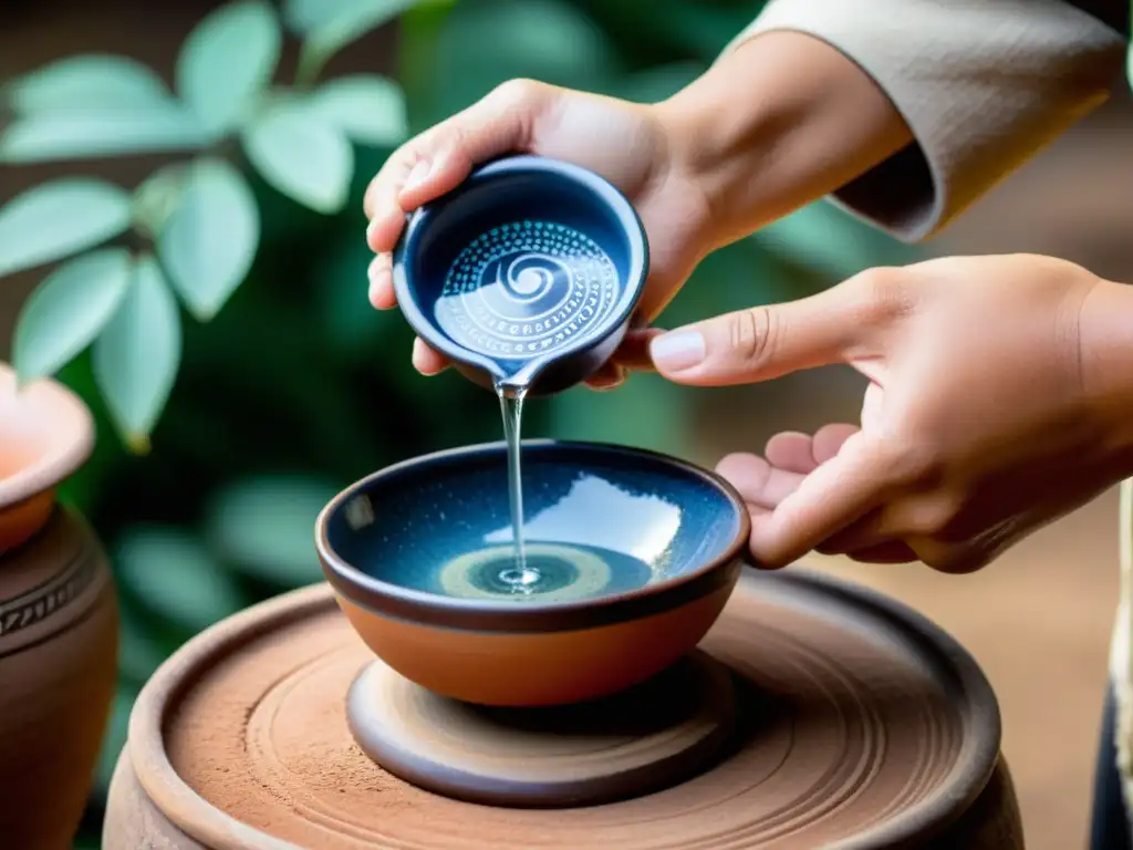 Rituales de renovación con agua sagrada: Ceremonia de purificación con vasija de cerámica y agua cascada, en ambiente sereno y sagrado