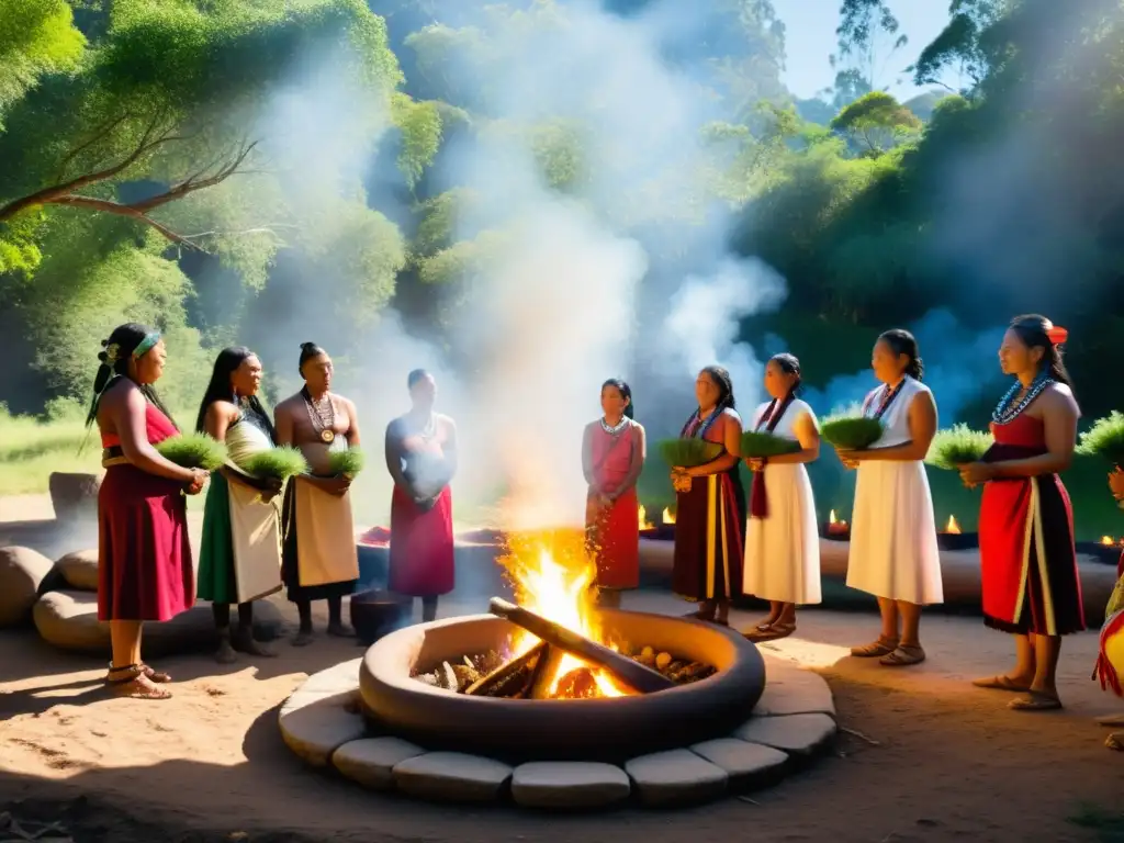 Rituales de renovación con agua sagrada en ceremonia indígena entre árboles y colores vibrantes