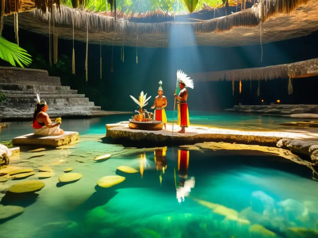 Rituales de renovación con agua sagrada: Vibrante ceremonia maya en un cenote sagrado, con participantes indígenas y un chamán liderando el ancestral ritual de purificación