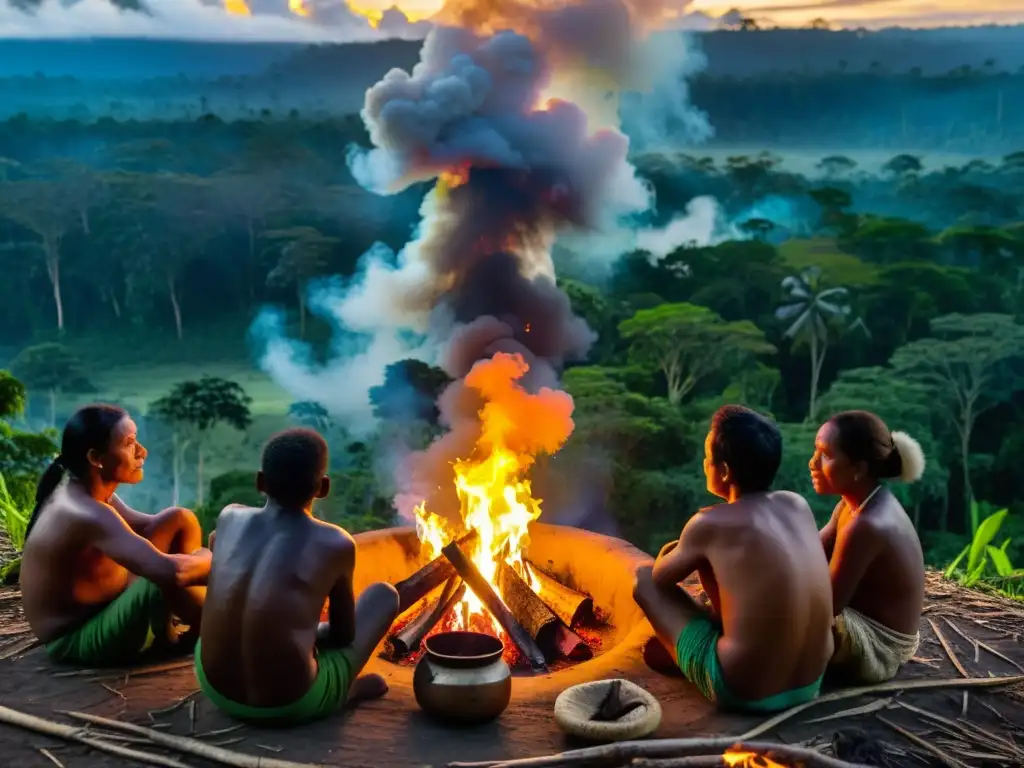 Rituales amazónicos a través de leyendas: Indígenas escuchan atentos las historias junto al fuego en la selva