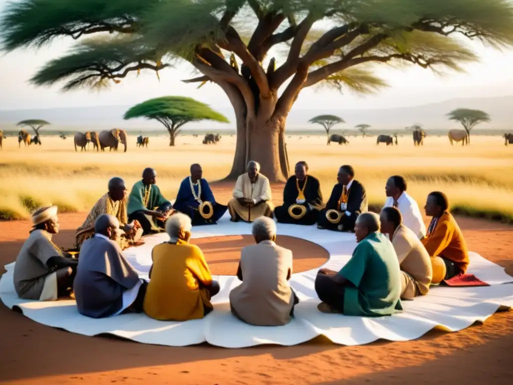 Rituales ancestrales tribu Kalenjin: Sabios ancianos realizan ceremonia bajo un árbol en la sabana de Kenia al atardecer