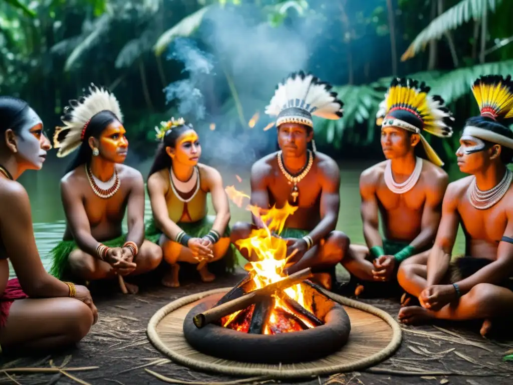 Rituales ancestrales: Ceremonia sagrada de una tribu indígena en la selva, con atuendos tradicionales y simbología ancestral, iluminados por el fuego