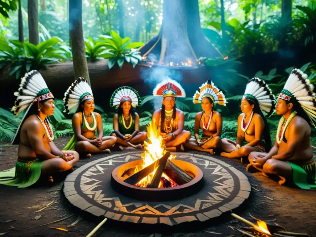 Rituales ancestrales culturas cambio siglos: Ceremonia ancestral en la selva con indígenas, atuendos coloridos y ofrendas simbólicas