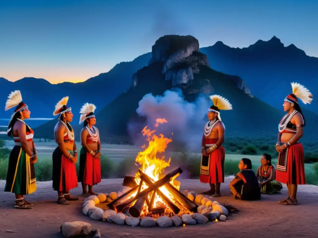 Rituales ancestrales: danza y fuego bajo la luna, indígenas con atuendos tradicionales en la montaña