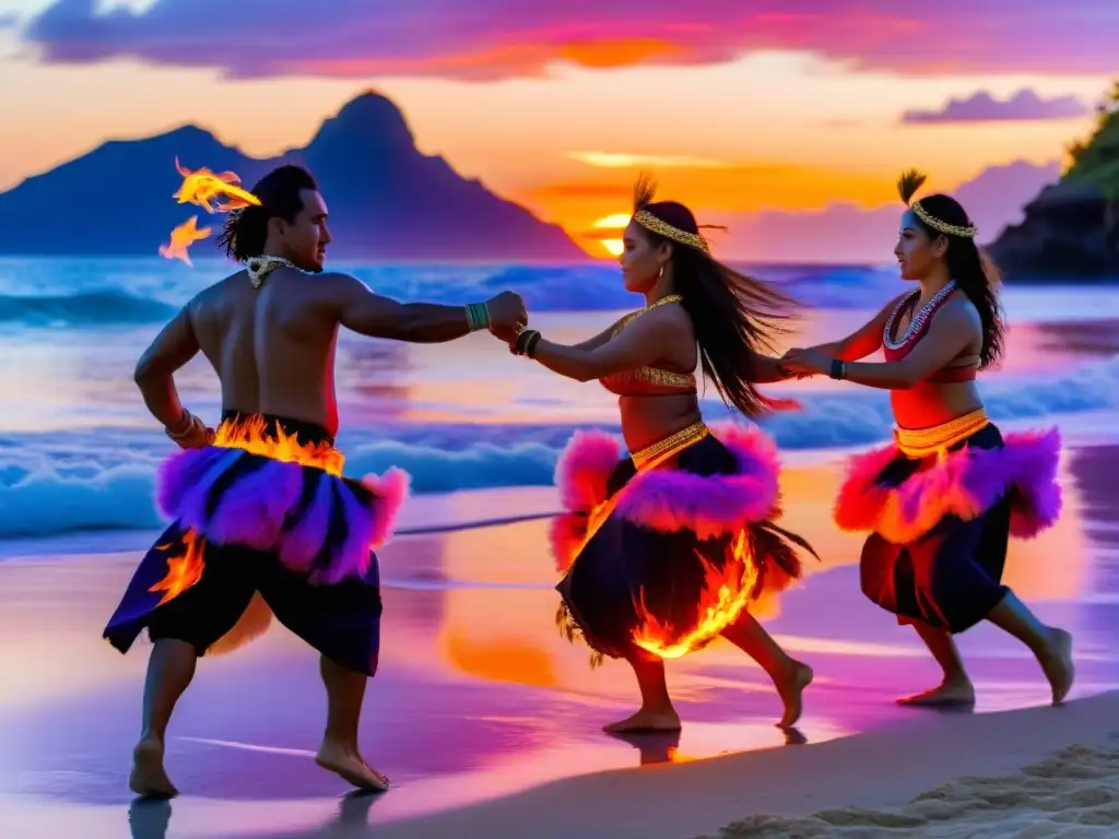 Rituales ancestrales Polinesia danzas fuego en la playa al atardecer, con trajes tribales y llamas vibrantes