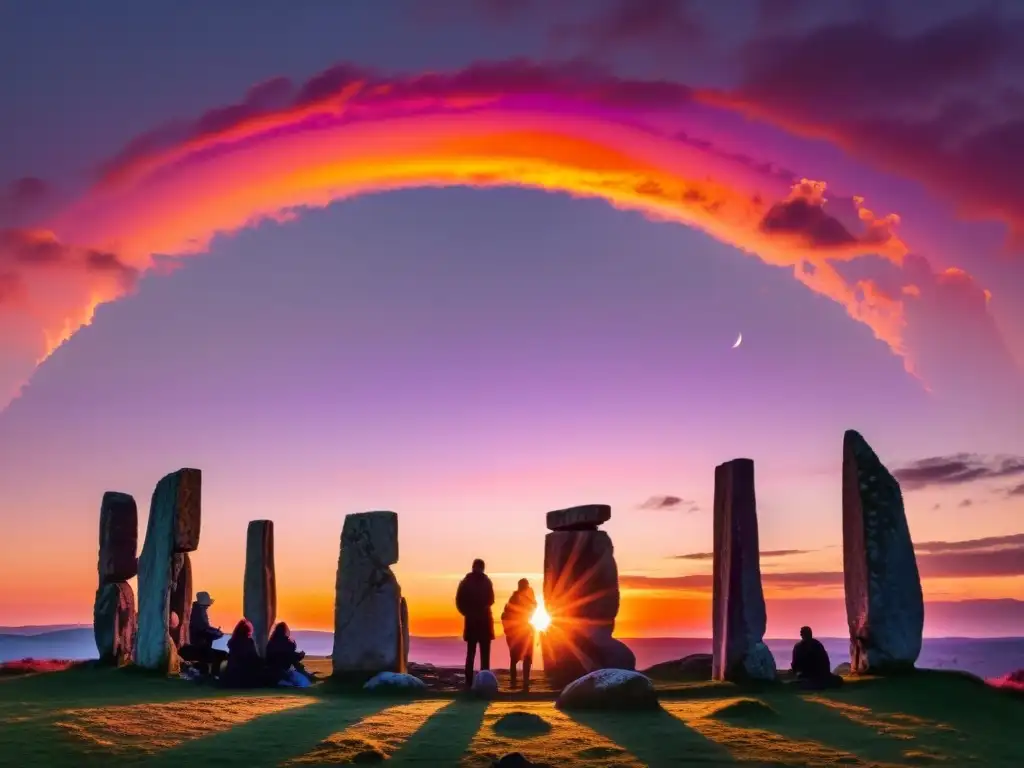 Rituales ancestrales solsticio: personas en silueta de pie en círculo de piedras antiguas, frente a un atardecer vibrante de tonos cálidos