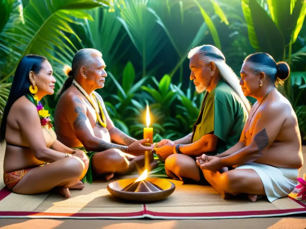 Rituales de adivinación en Polinesia: Ancianos polinesios realizan un ritual en medio de exuberante vegetación, con vestimenta tradicional y objetos ceremoniales