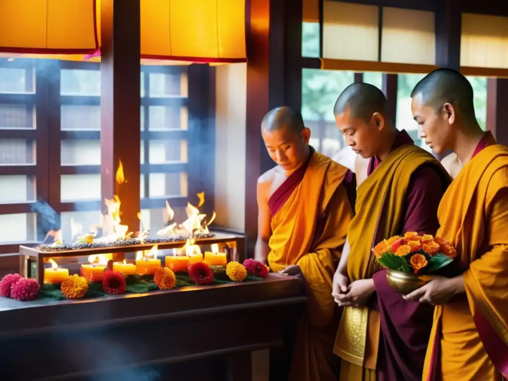 Rituales de Año Nuevo Budista: Monjes en saffron rodean un altar ornamentado con flores y velas, creando una atmósfera de serenidad y espiritualidad