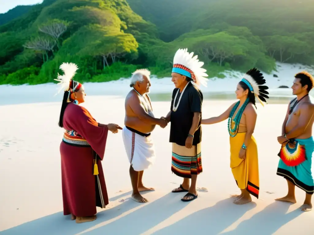 Rituales de Año Nuevo alrededor de la comunidad indígena en la playa al amanecer, en un momento de conexión y reverencia espiritual