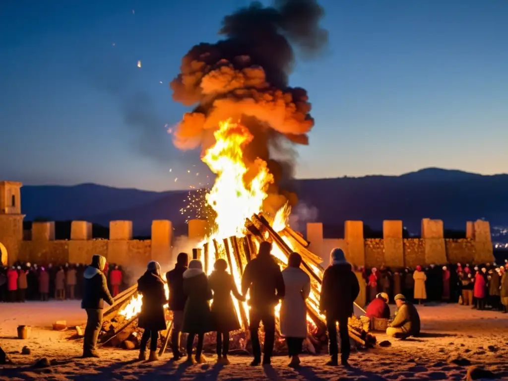 Rituales de Año Nuevo alrededor de la fogata en la medianoche, celebrando tradiciones antiguas y modernas en comunidad