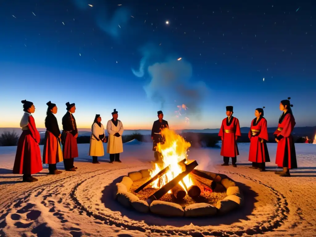 Rituales de Año Nuevo alrededor de la fogata, con personas en trajes tradicionales bajo el cielo estrellado