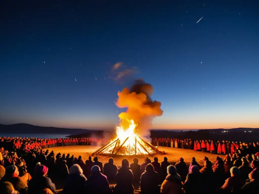 Rituales de Año Nuevo alrededor de un gran fuego, comunidad y tradición