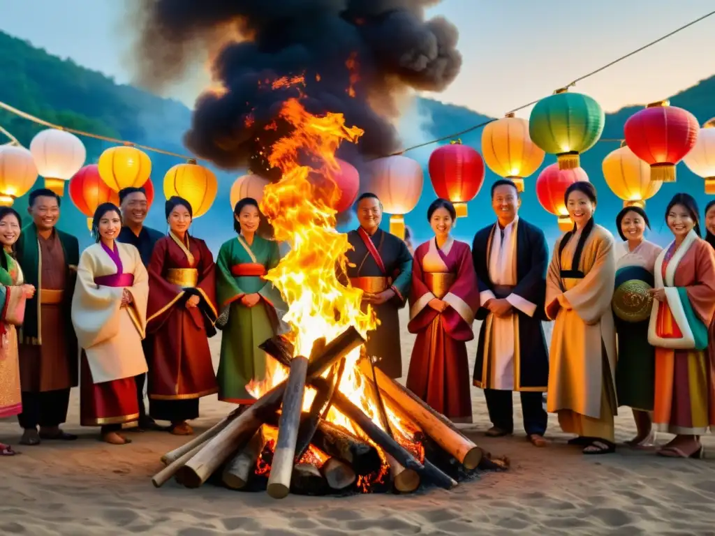 Rituales de Año Nuevo alrededor de un gran fuego con trajes tradicionales y linternas coloridas crean un ambiente culturalmente rico y cautivador