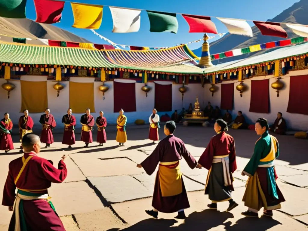 Rituales de Año Nuevo Tibetano: Grupo de la diáspora tibetana celebra Losar con danzas tradicionales en un patio colorido, bajo la luz del sol