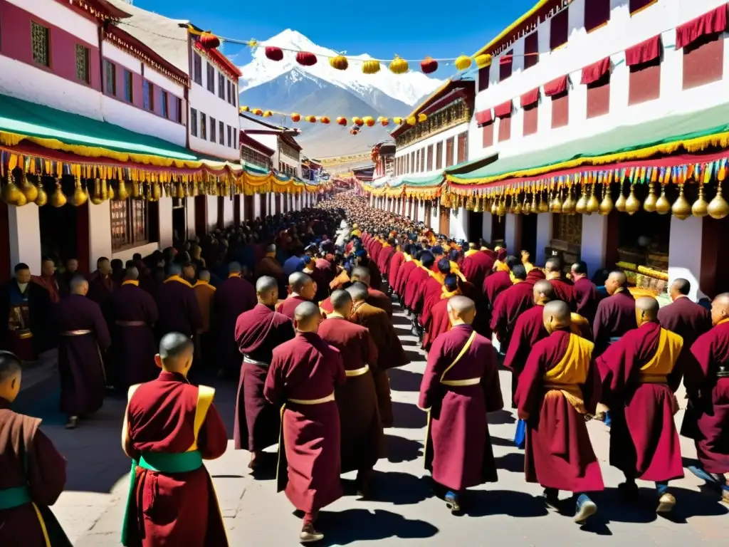 Rituales de Año Nuevo Tibetano en un bullicioso mercado durante las celebraciones de Losar, con colores vibrantes y una atmósfera festiva