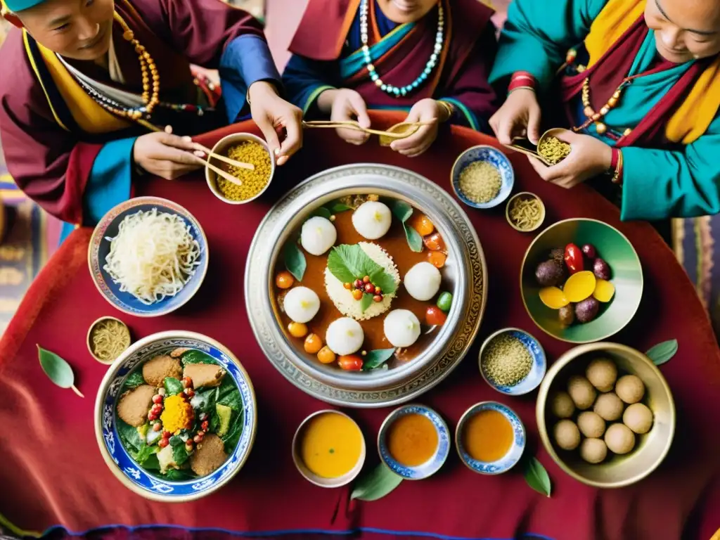 Rituales de Año Nuevo Tibetano: Celebración vibrante de Losar con comida tradicional y colorida en Tibet