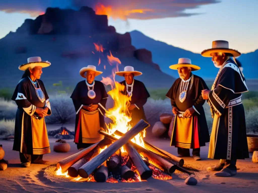 Preservación de rituales antiguos: Ancianos indígenas realizan ceremonia alrededor de fogata, sus rostros iluminados por las llamas danzantes