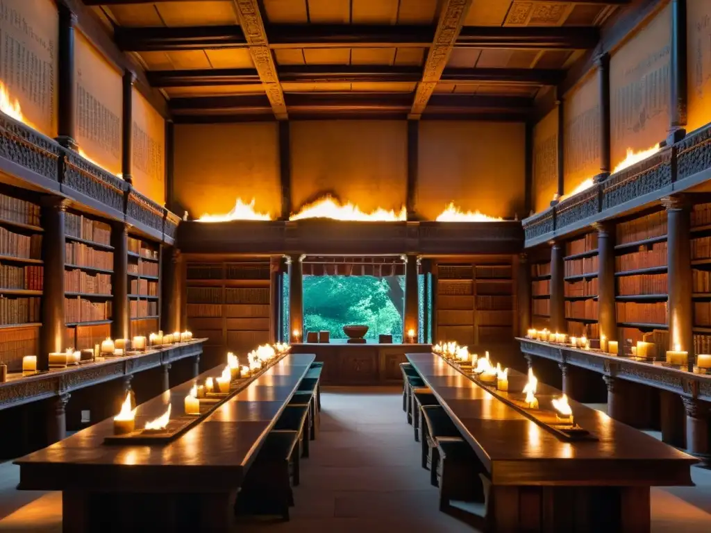 Rituales antiguos en una biblioteca iluminada por antorchas, con sabios estudiando pergaminos y libros en estanterías imponentes