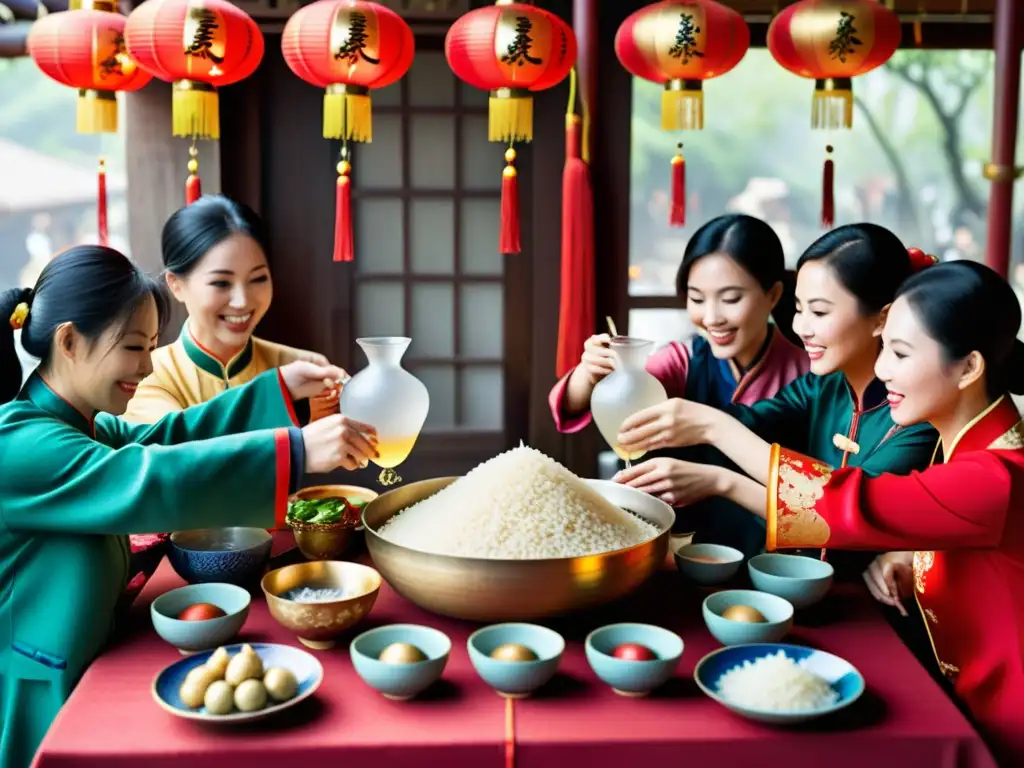 Rituales vino de arroz Año Nuevo Chino: Celebración con variedades de vino de arroz en vasijas tradicionales, compartido entre amigos