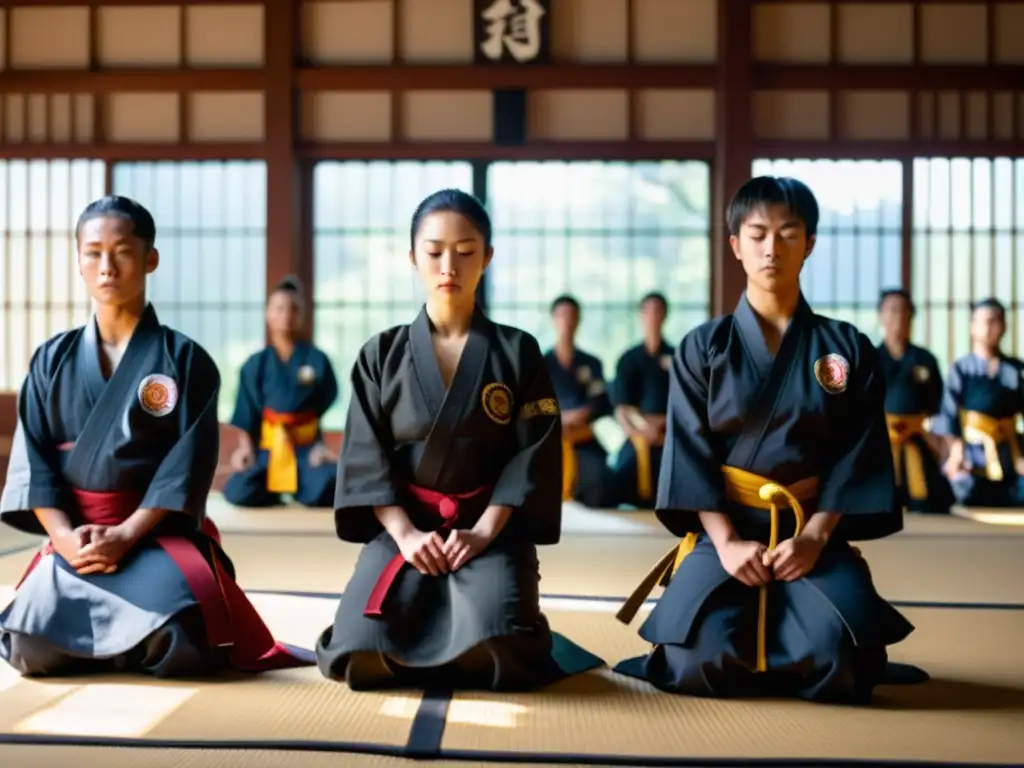 Rituales de graduación en artes marciales: Estudiantes y maestros en un dojo, preparándose para la ceremonia con determinación y reverencia