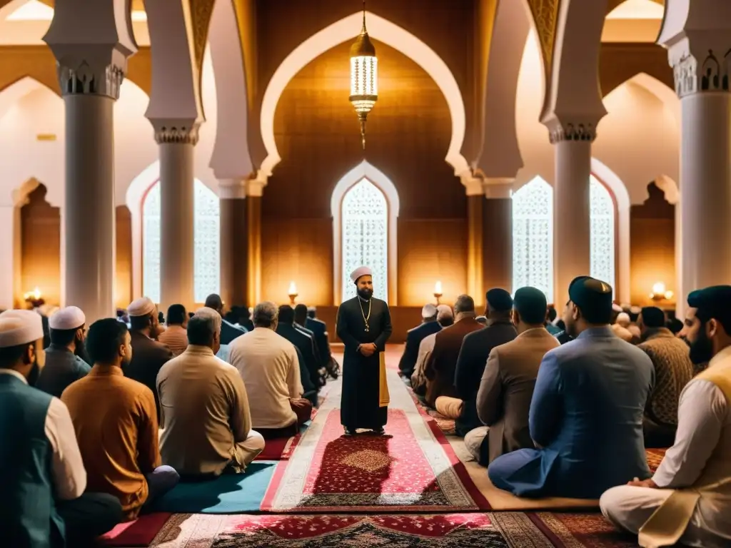Rituales de ascensión en Miraj: Una comunidad diversa se reúne en una mezquita, mostrando devoción y unidad en la oración