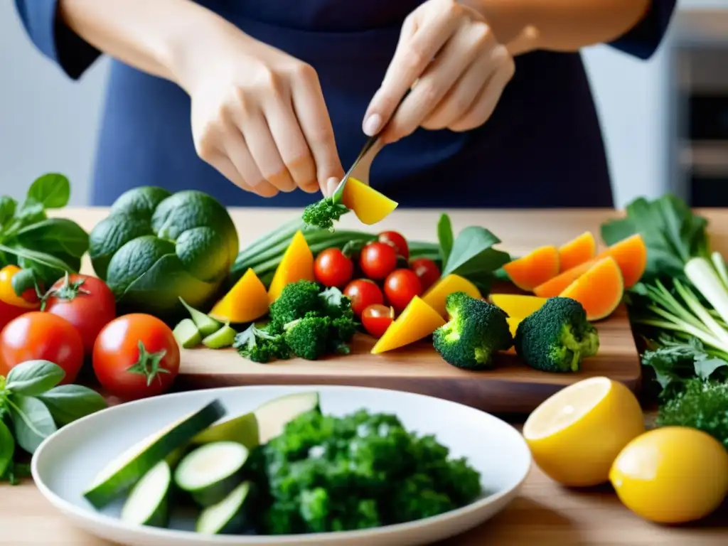 Transformación de los rituales de ayuno: Persona preparando con cuidado una comida vibrante y nutritiva, con ingredientes frescos y colores naturales