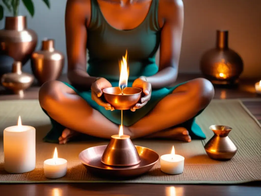 Rituales ayurvédicos para equilibrio cuerpo mente: Persona en meditación con velas, incienso y aceite caliente en ritual diario de cuidado propio