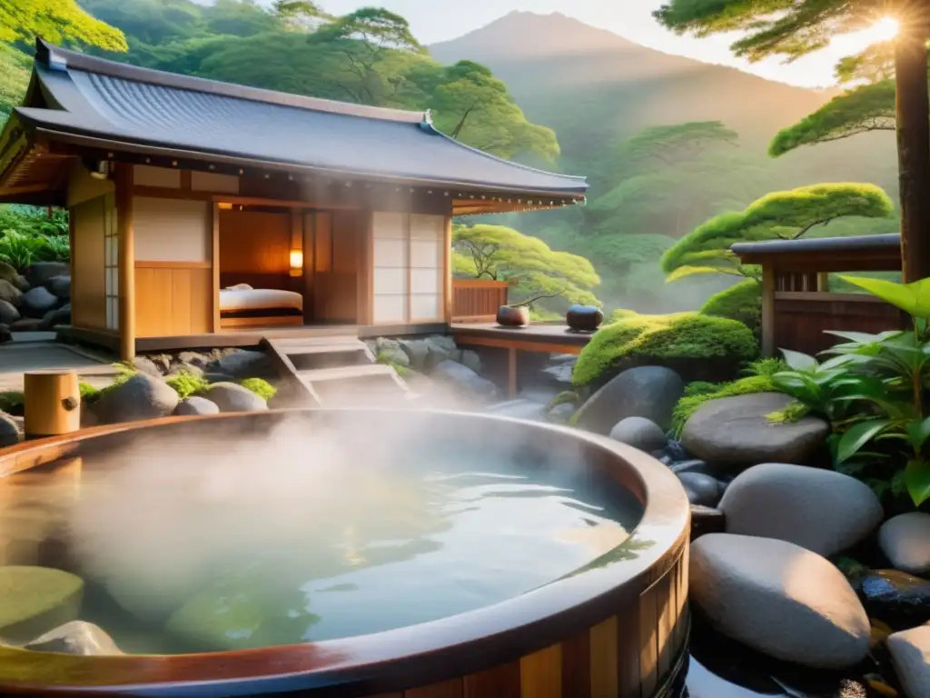 Rituales de purificación en Onsen: un baño tradicional japonés rodeado de naturaleza serena, con vapor de aguas termales y bañistas al fondo